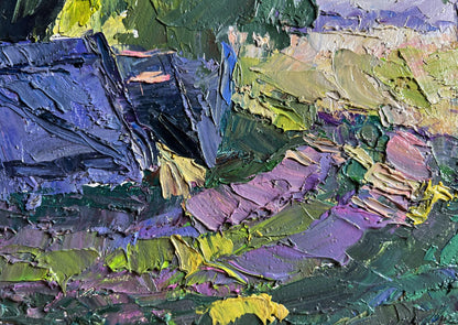 Oil painting The beginning of a summer day by Boris Serdyuk textured purple green yellow