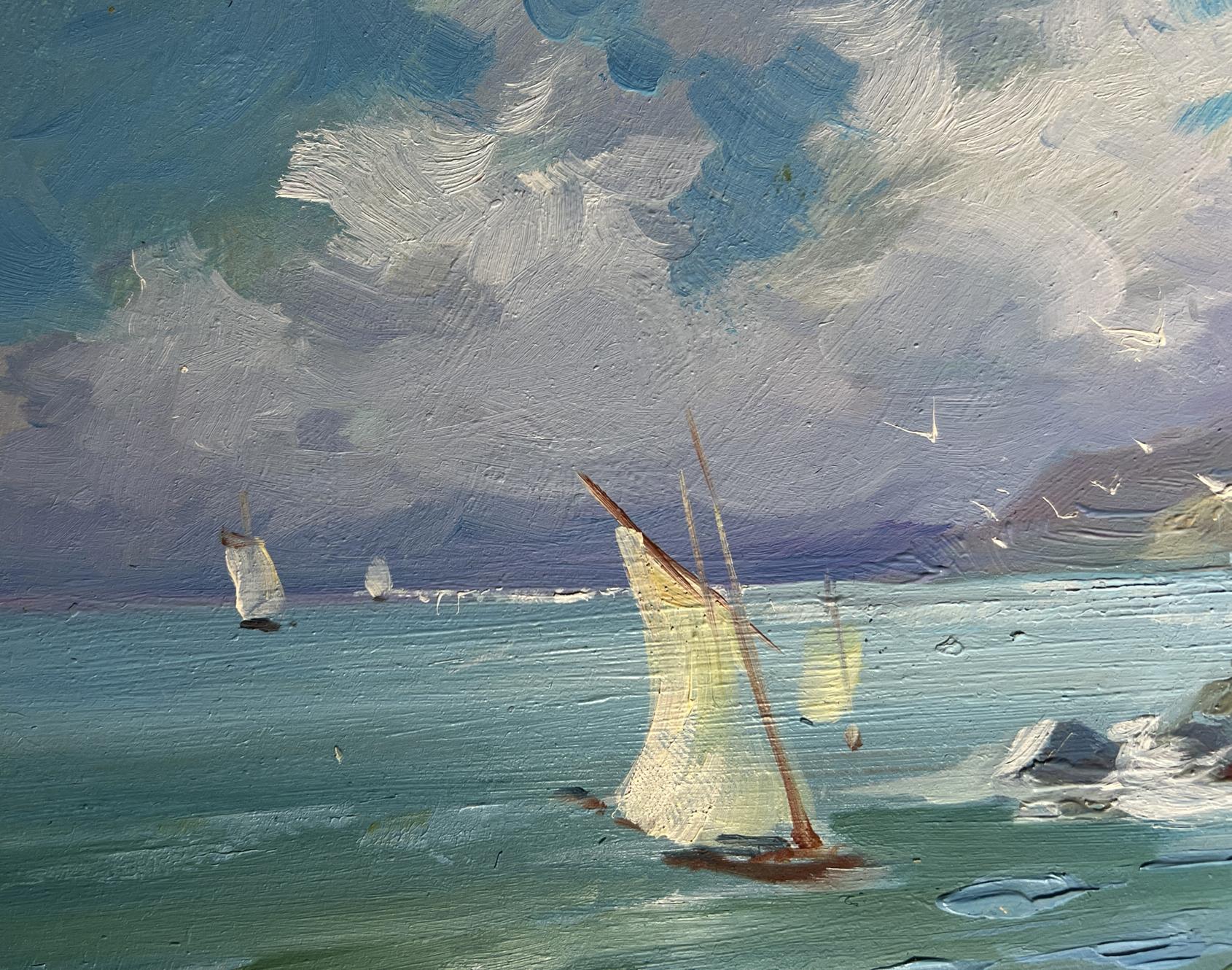 Oil painting of sailboat, seagulls, rocky shore by Yuriy Suprunchuk