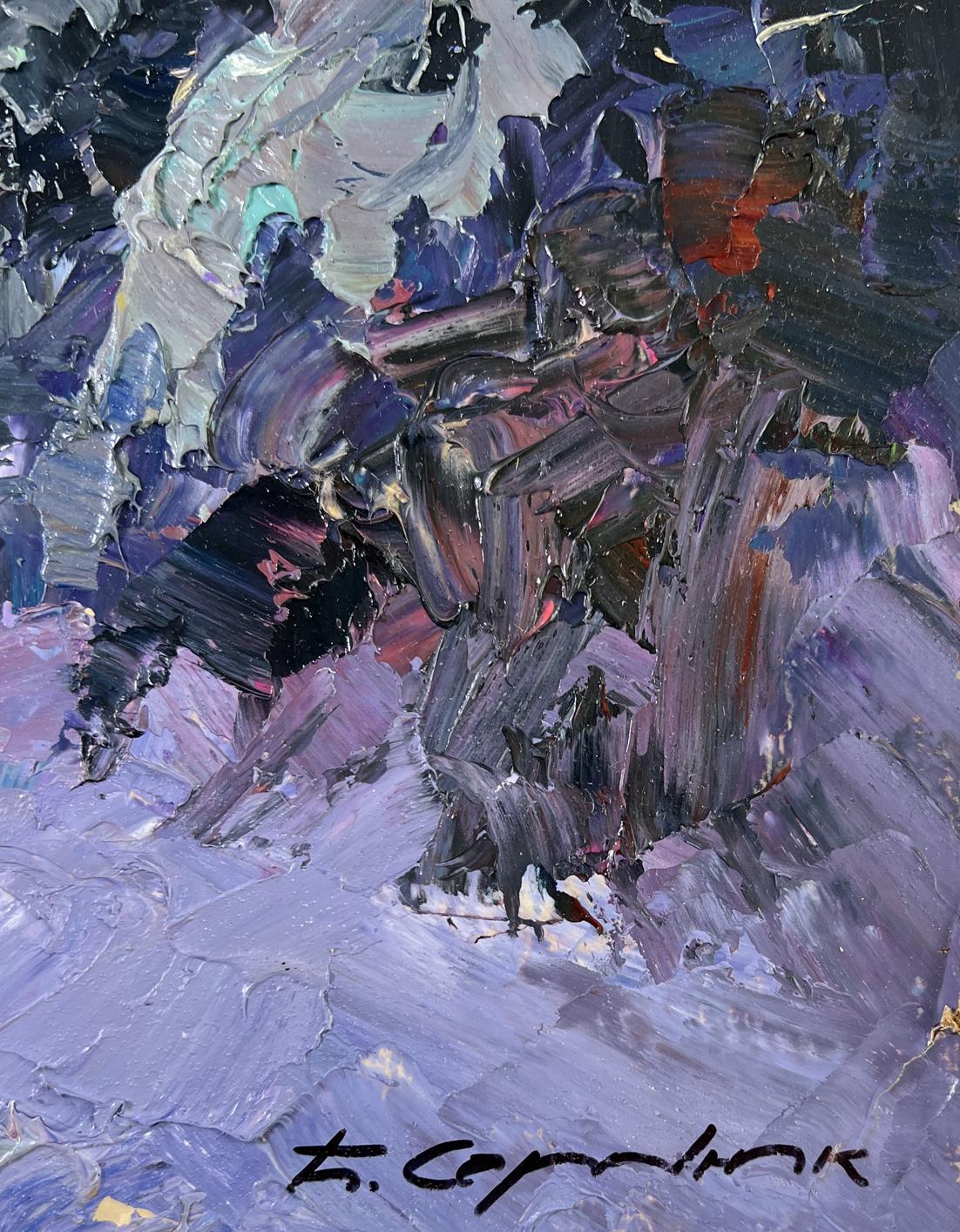 Oil painting Among the winter trees by Boris Serdyuk, impressionistic purples and blues