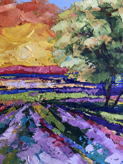 Vibrant impressionist oil painting Sunset in the field by V. Zadorozhnya