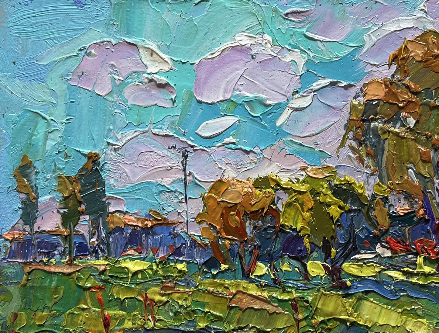 Vibrant impressionist oil painting Near the village lake by Oksana Ivanyuk