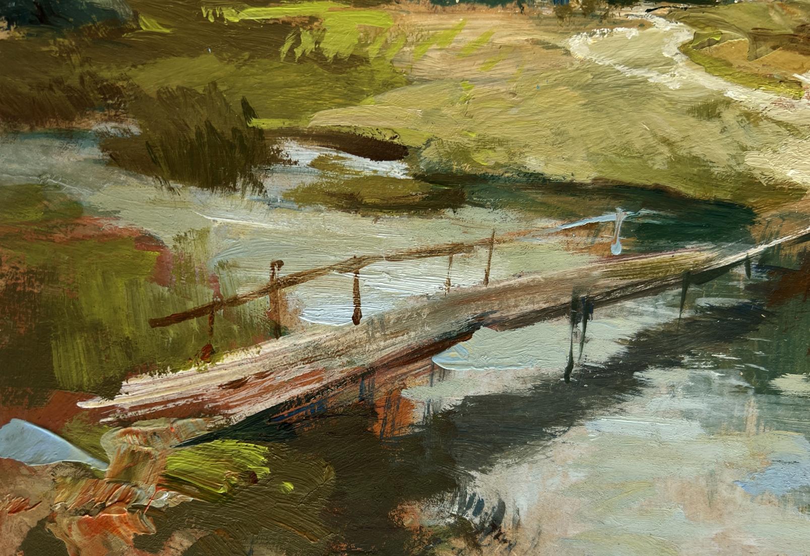 Oil painting The road to the village by Yuriy Suprunchuk rustic bridge over river