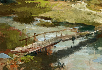 Oil painting The road to the village by Yuriy Suprunchuk rustic bridge over river