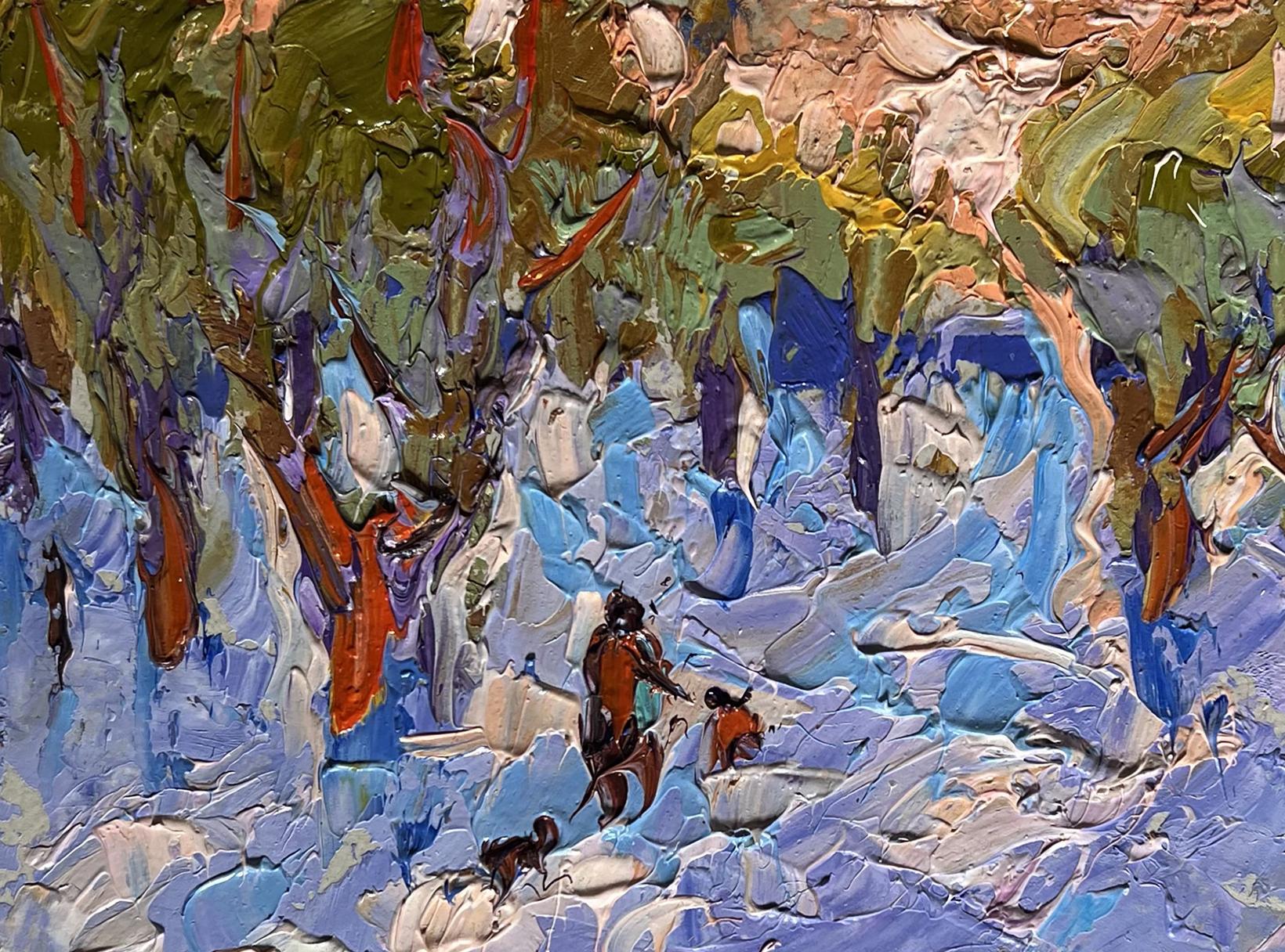 Oil painting In the winter forest park by Oleksiy Ivanyuk with figures and dog