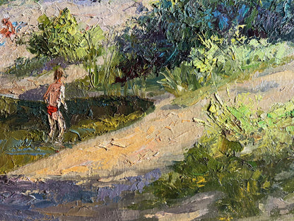 Oil painting Summer vacation on the river by Boris Serdyuk: figure in red shorts on sunlit path