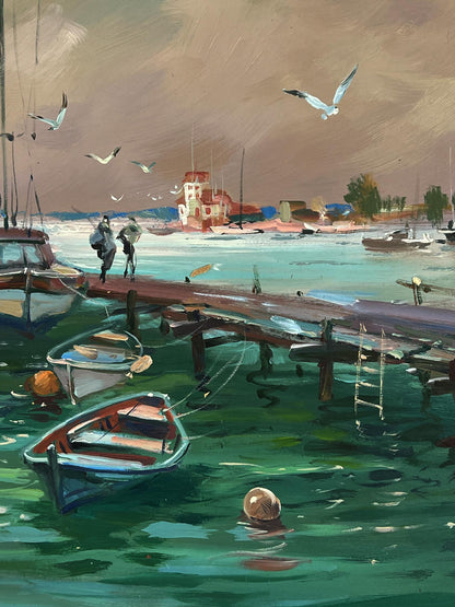 Oil painting by Yuriy Suprunchuk: seagulls fly over weathered pier in turquoise water