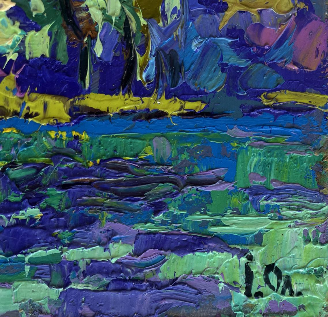 Vibrant impressionist oil painting of river and yellow sunset by Oleksiy Ivanyuk
