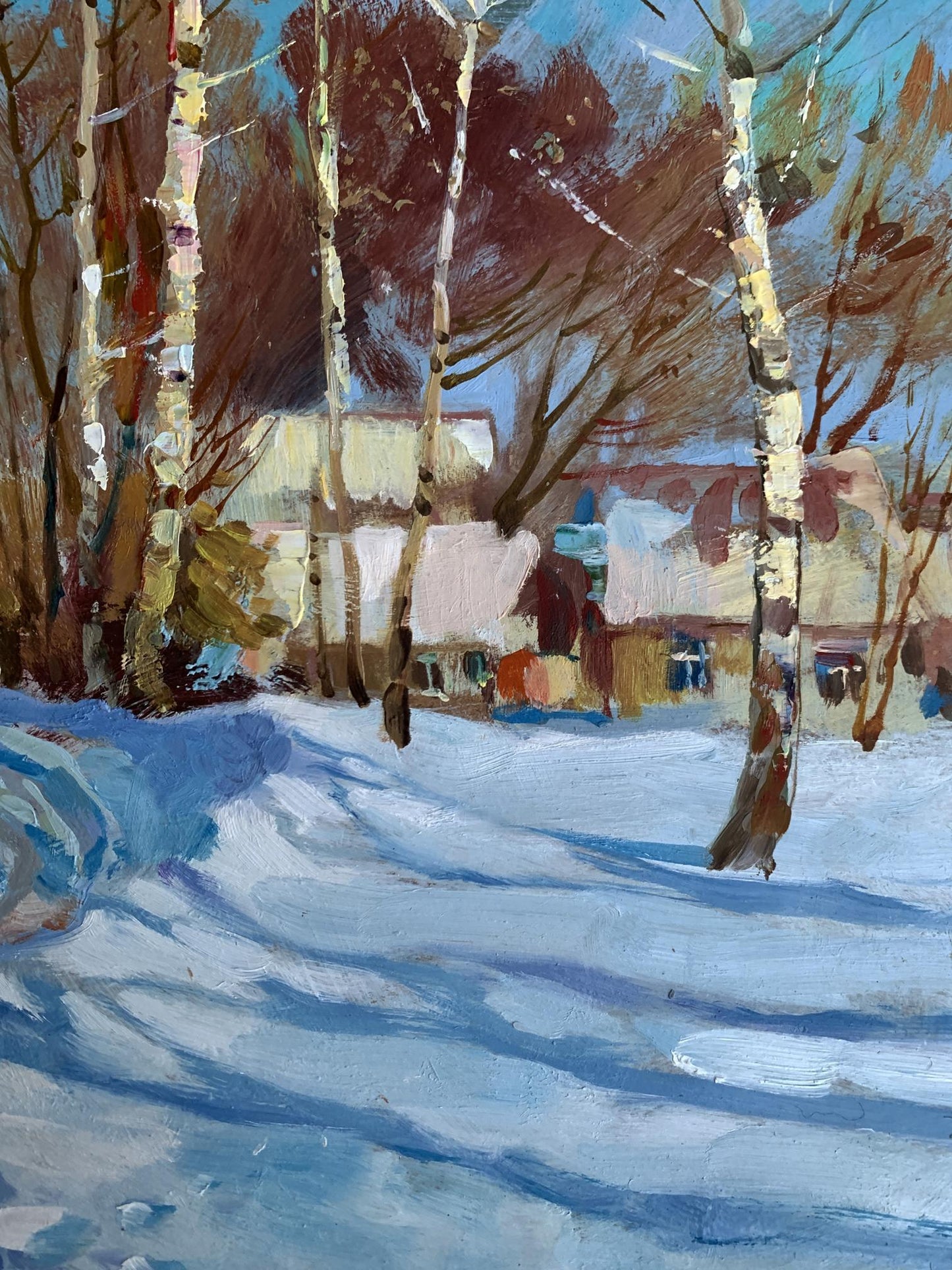 Oil painting Sunny winter day by Yuriy Suprunchuk: birch trees in snow