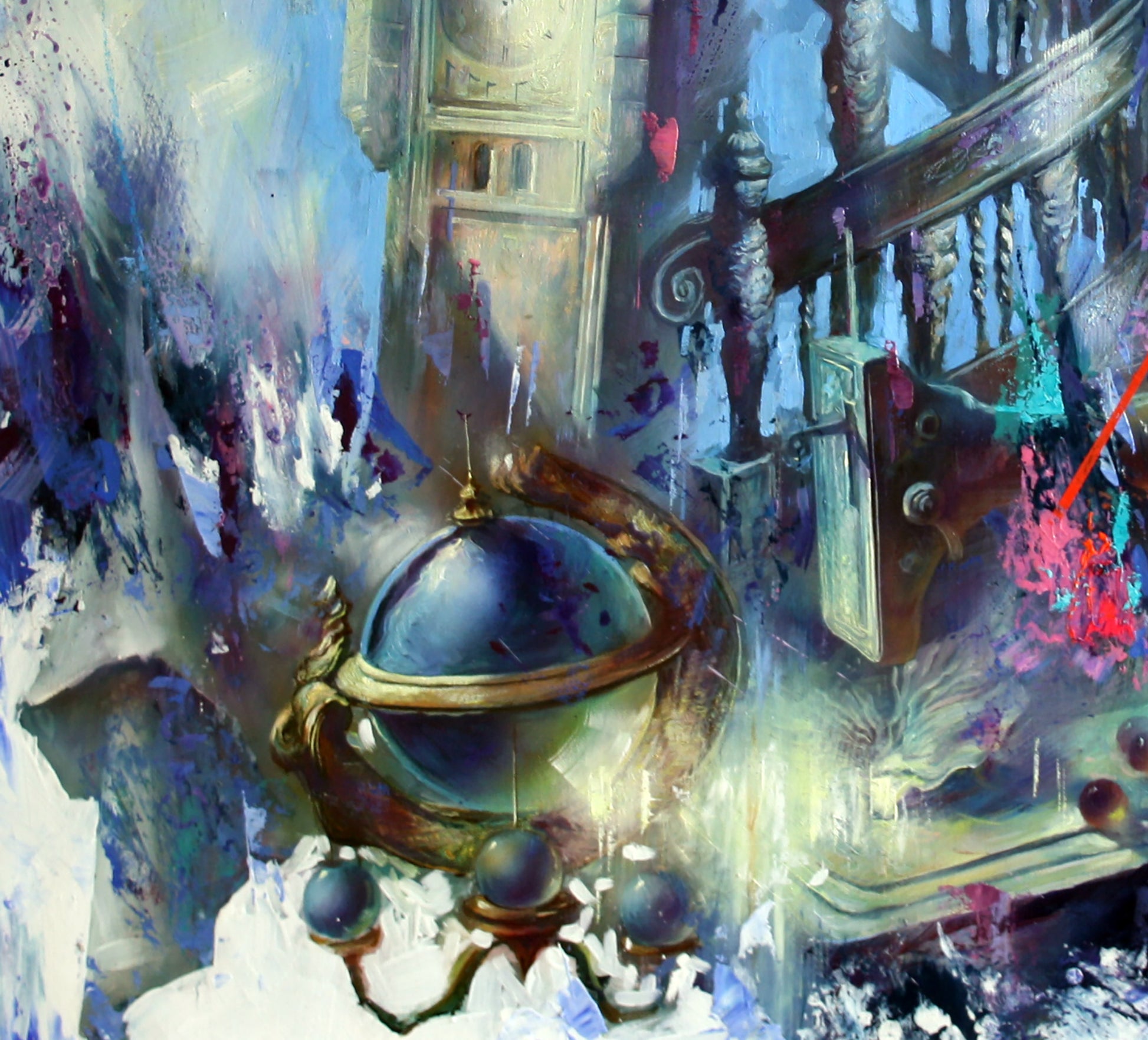 Golden ornate globe in Oil painting Myths of the city Alexander Dobrodiy