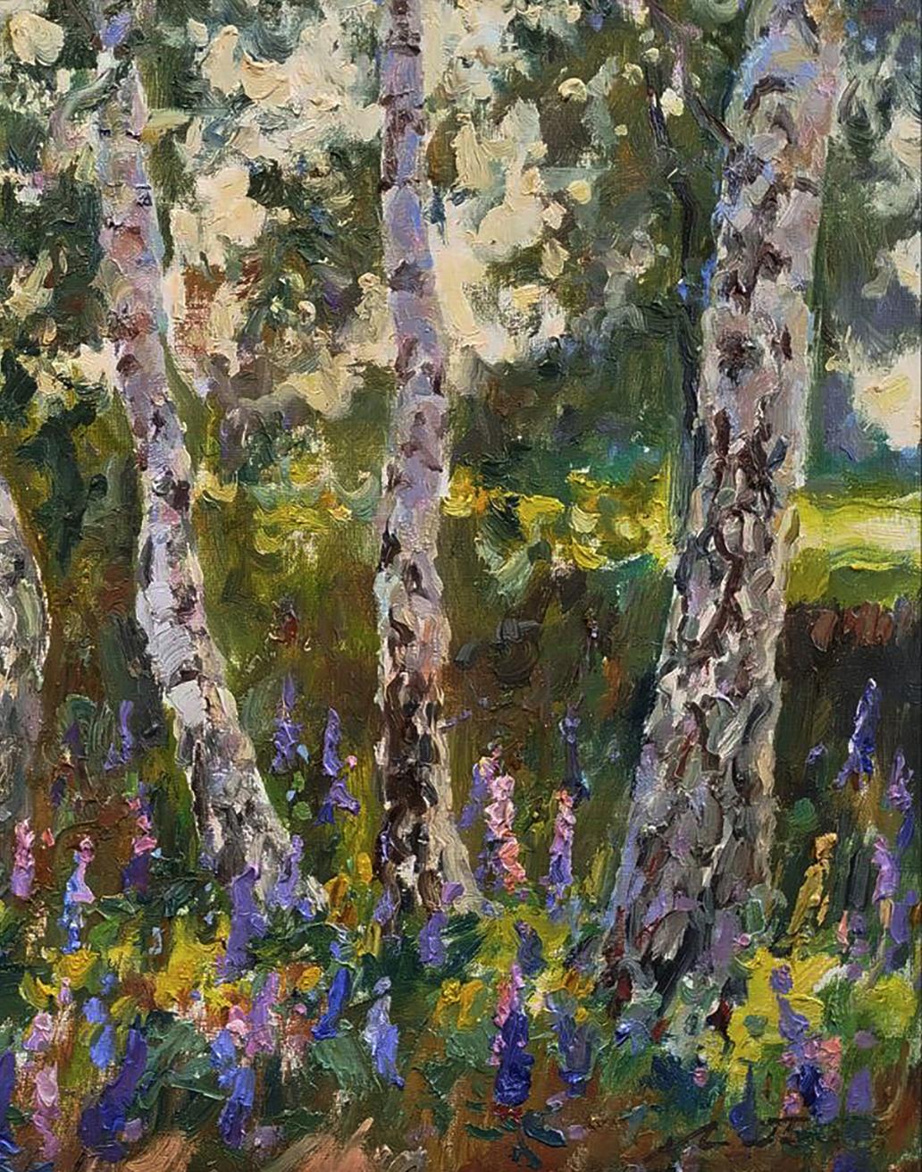 Vibrant oil painting Lupine is blooming by Leonid Pavlenko with birch trees and wildflowers