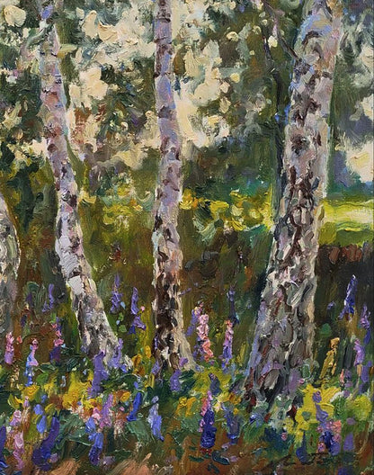Vibrant oil painting Lupine is blooming by Leonid Pavlenko with birch trees and wildflowers