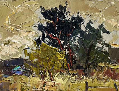 Oil painting of textured tree with dark foliage, red branches by Oksana Ivanyuk