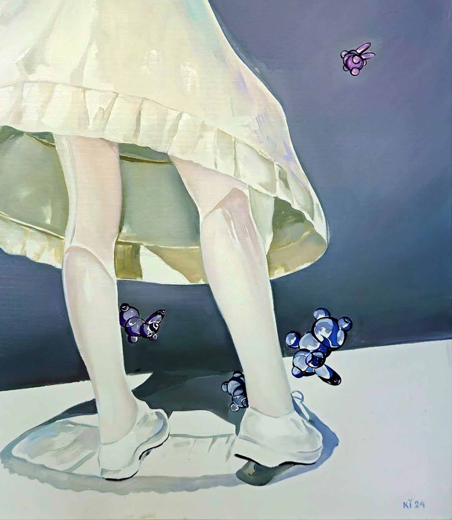 Oil painting like catcher Igor Konovalov: soft off-white ruffled skirt