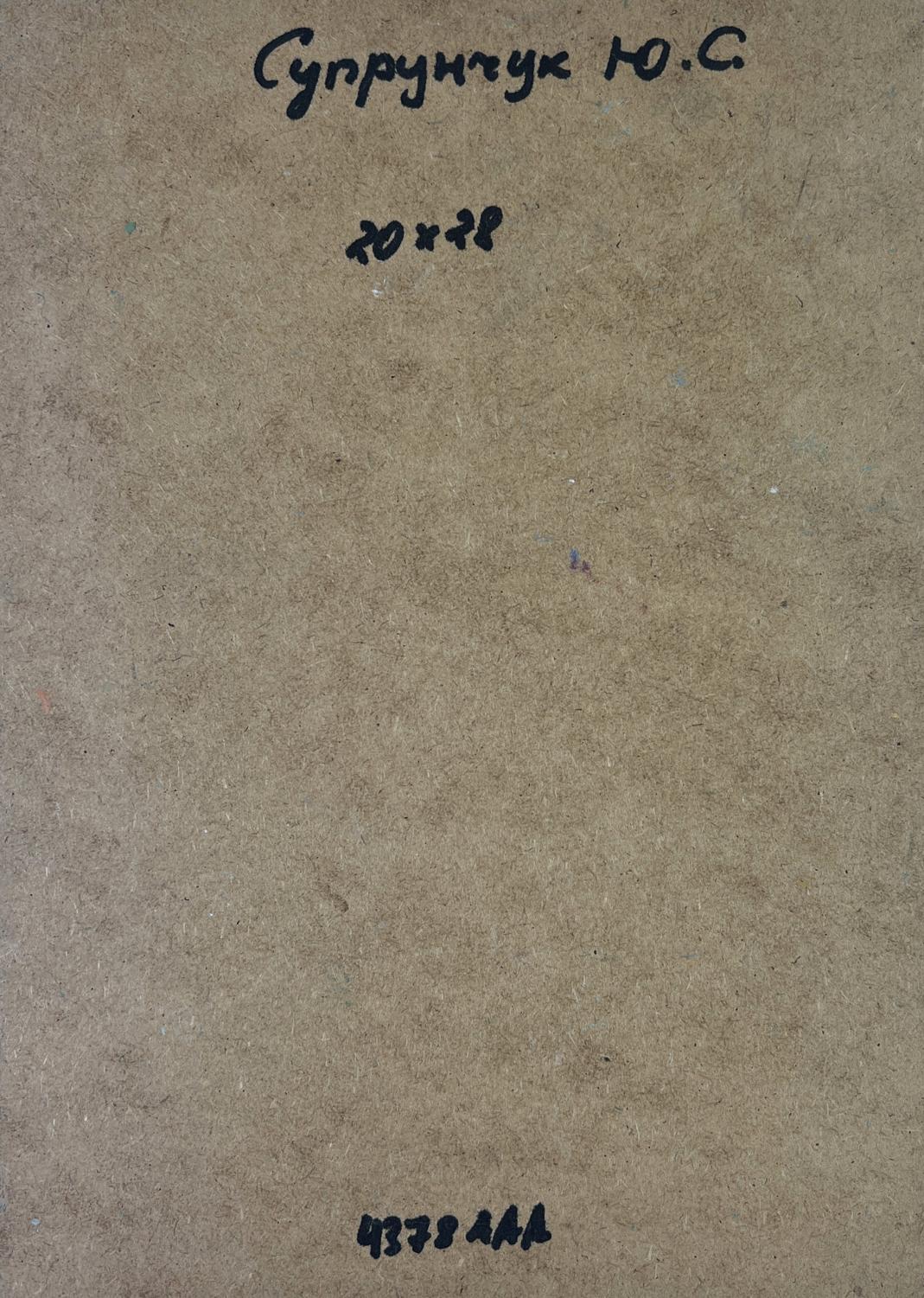 Back of Yuriy Suprunchuk oil painting Winter silence of the forest with handwritten Cyrillic text and measurements on brown cardboard
