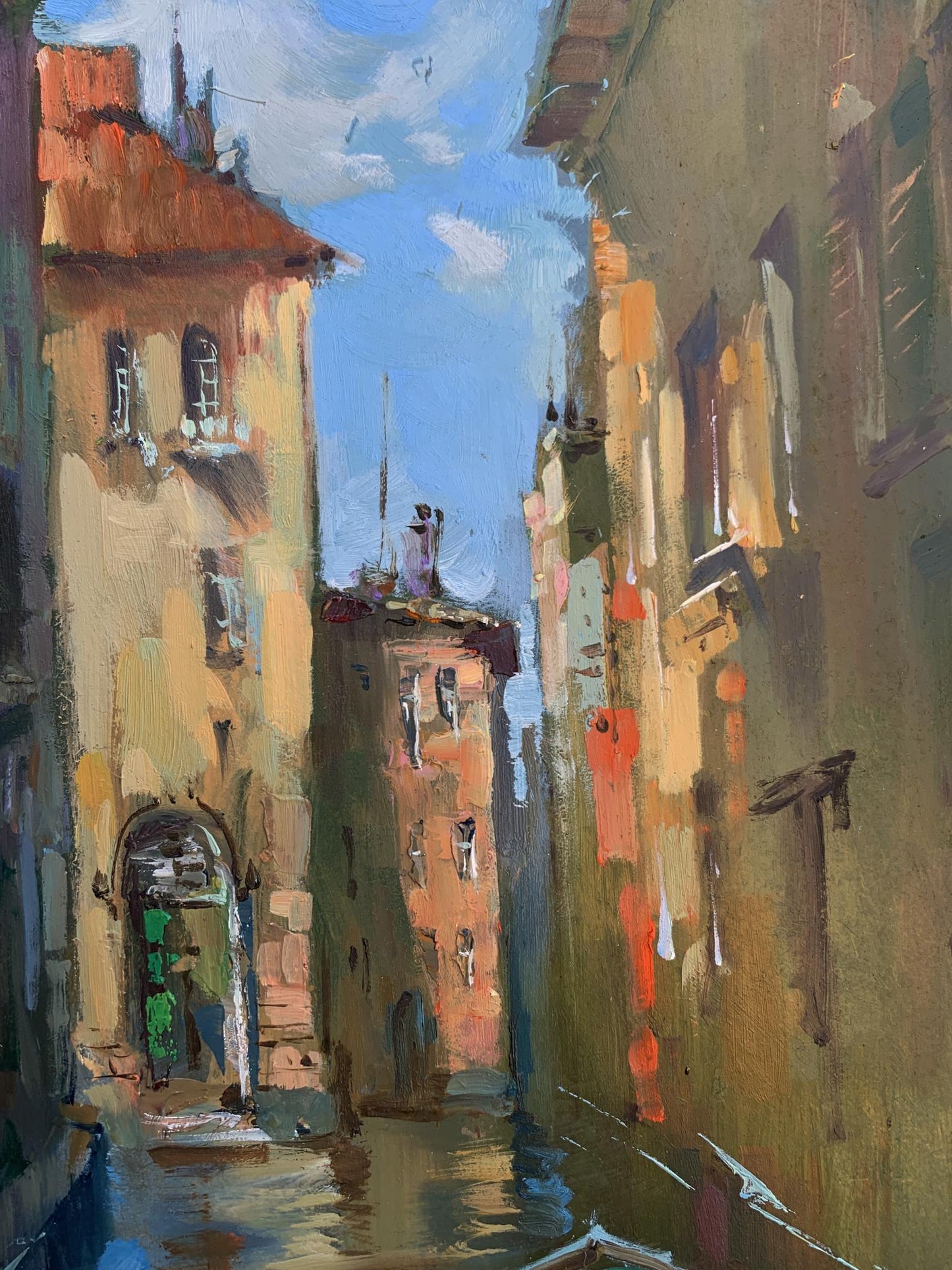 Warm-toned impressionist oil painting of boats in narrow European canal by Yuriy Suprunchuk