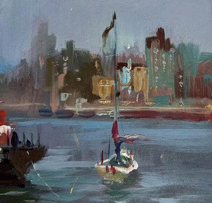 Oil painting of small sailboat with red sail at pier by Yuriy Suprunchuk