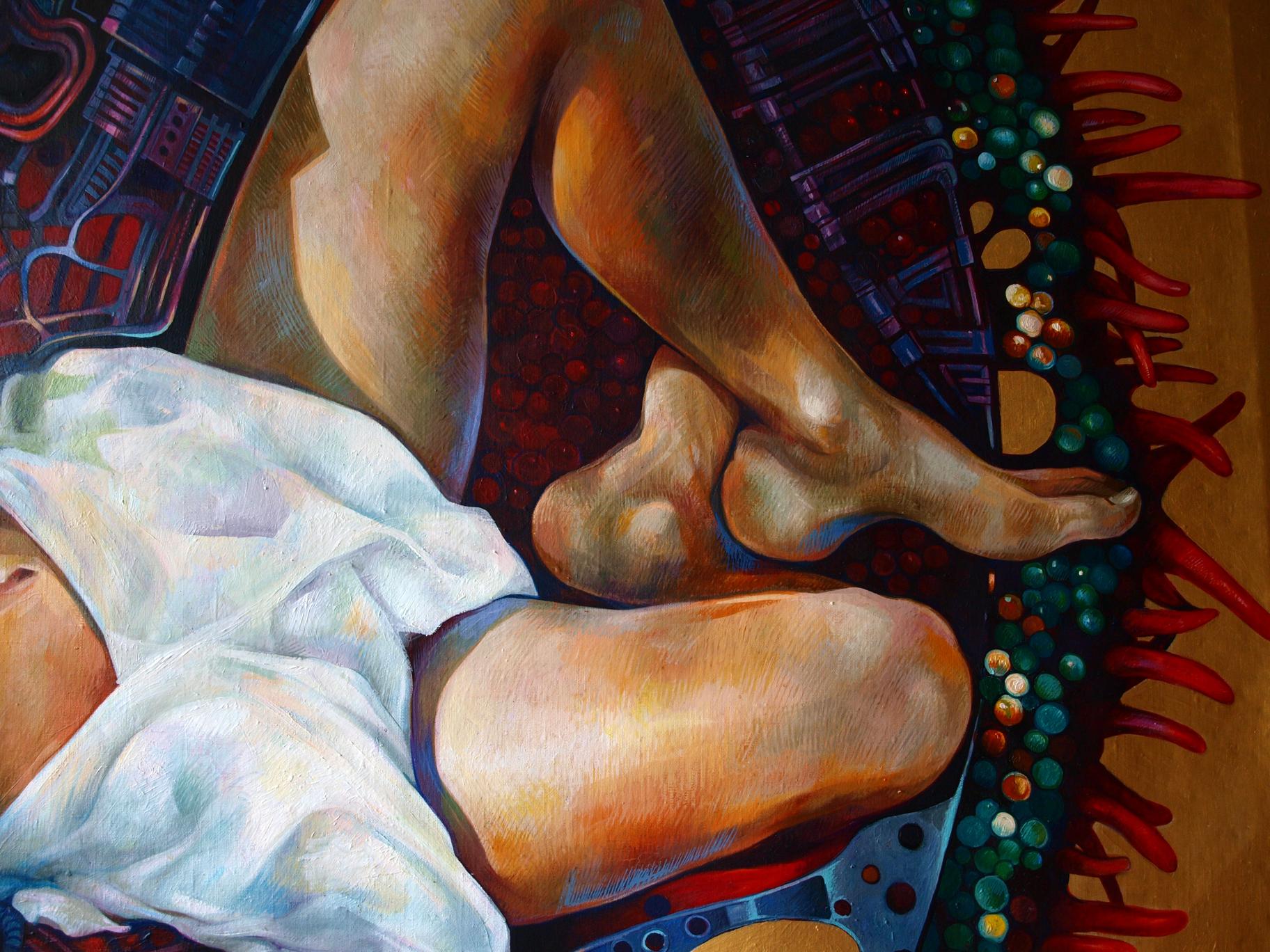 Oil painting Overcoming the Singularity by Konsta G. Amelinn: textured legs on patterned surface