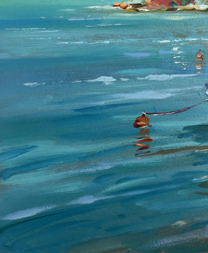 Oil painting by Yuriy Suprunchuk: small brown buoy on turquoise water