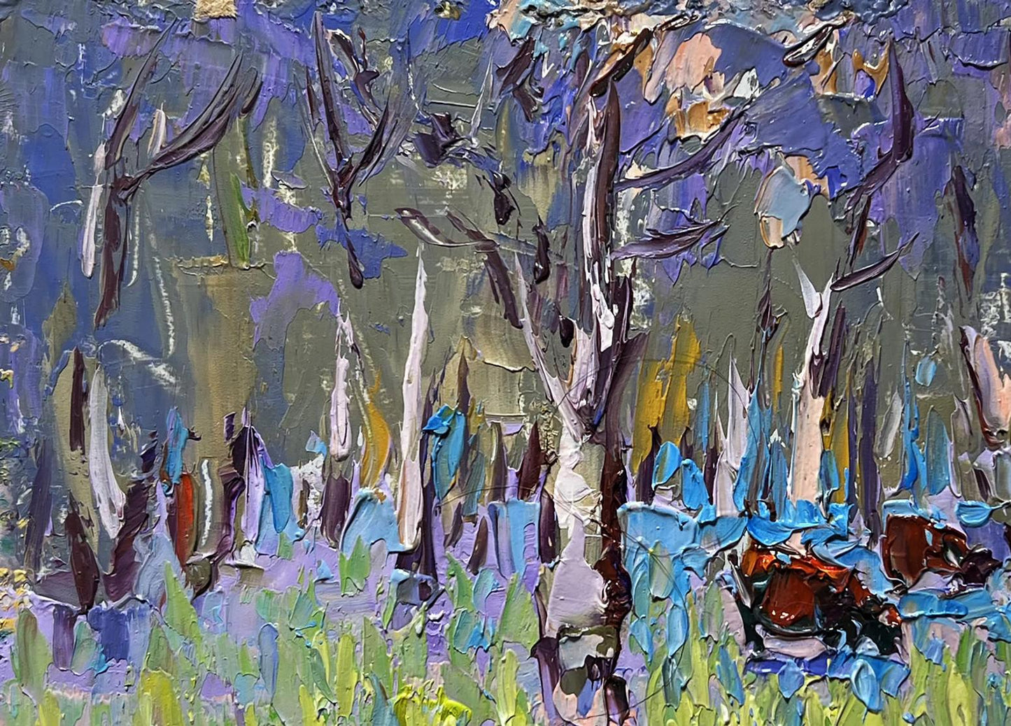 Vibrant impressionist oil painting of early spring blooming meadows by Oleksiy Ivanyuk