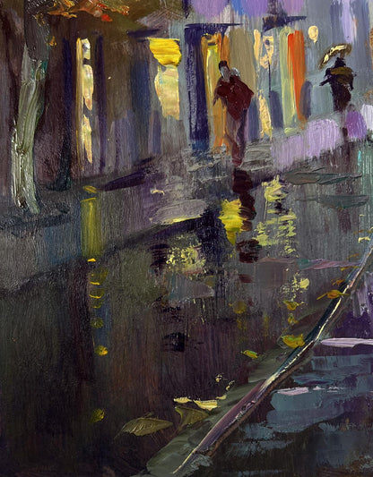 Vibrant impressionist oil painting of rainy urban alley with tram by Yuri Suprunchuk