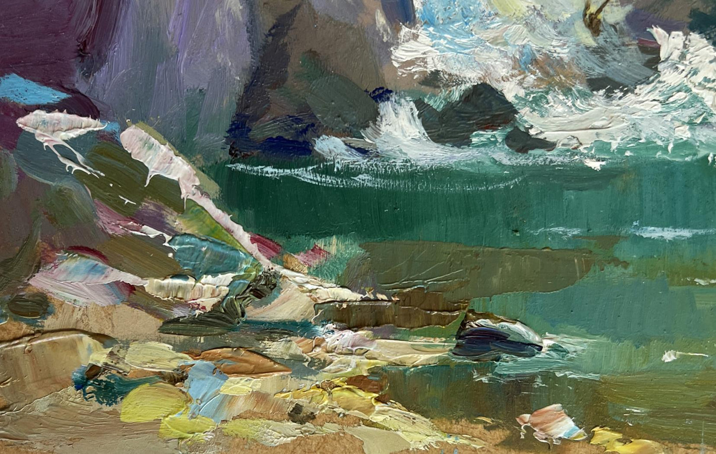 Vibrant impressionist oil painting of rocky shoreline and mountain waterfall by Yuriy Suprunchuk