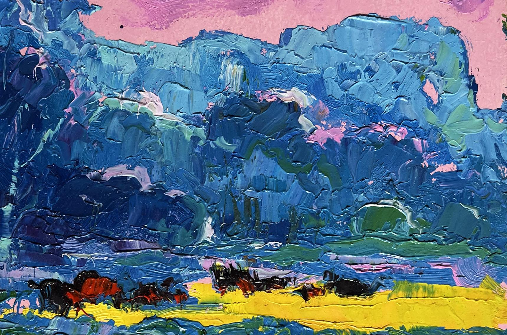 Vibrant Spring Meadows oil painting by Oksana Ivanyuk with bold blue, green, pink brushstrokes and yellow foreground