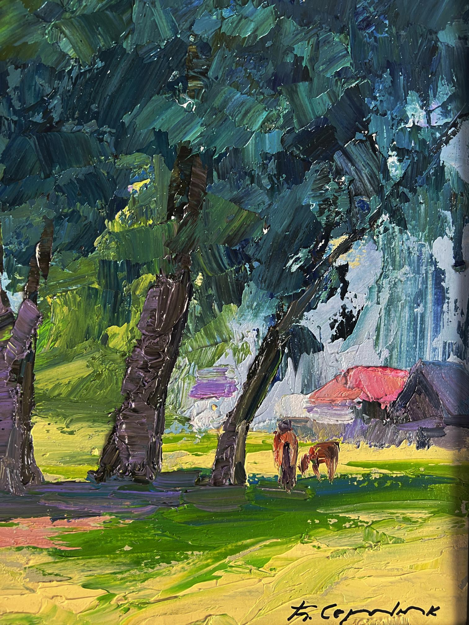 Oil painting Trees near the village by Boris Serdyuk with grazing cows