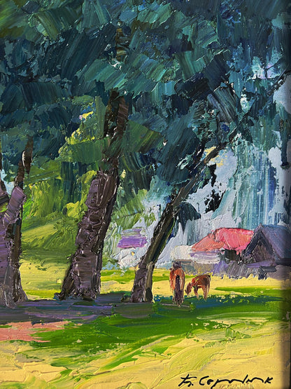 Oil painting Trees near the village by Boris Serdyuk with grazing cows