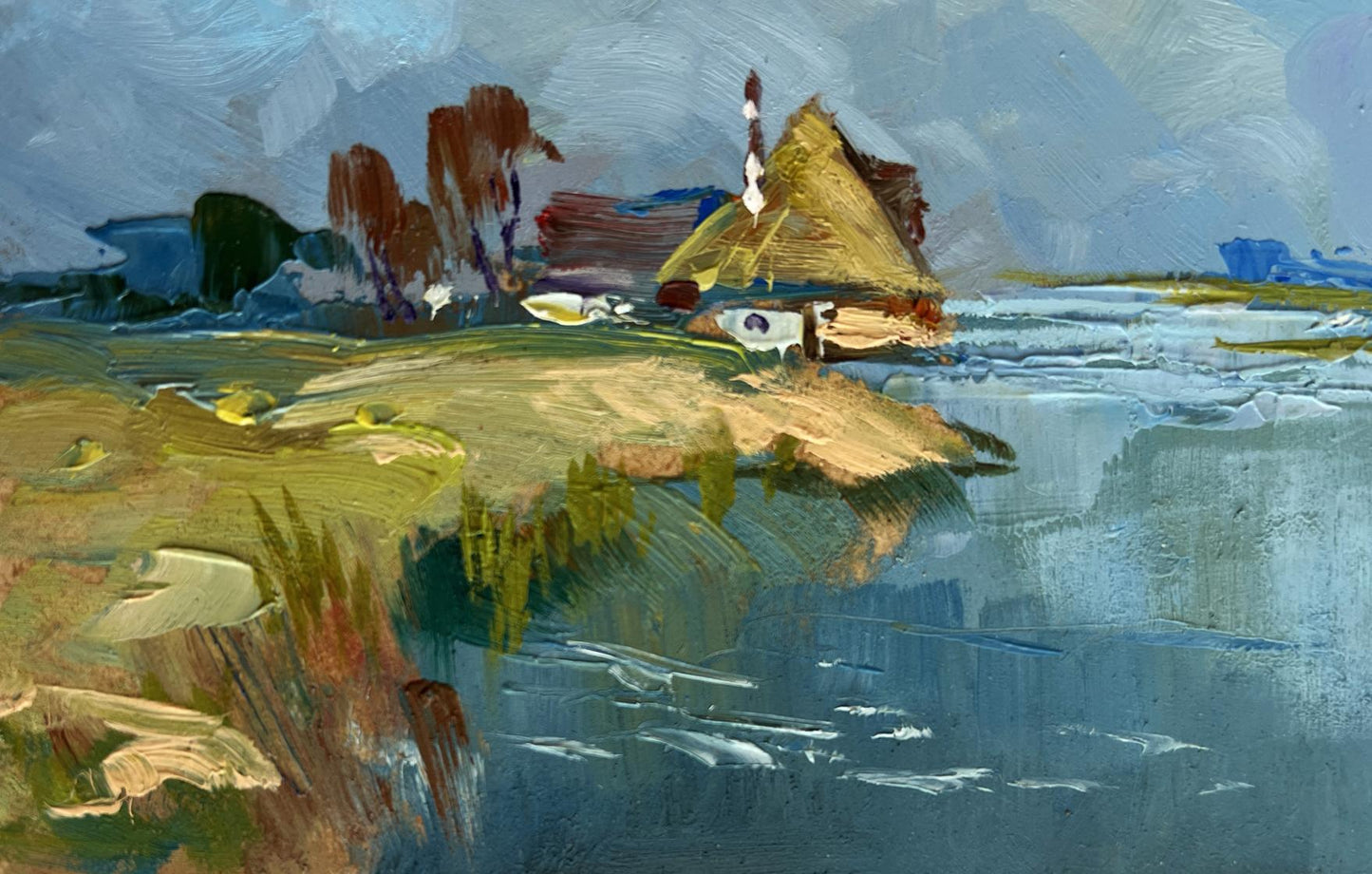 Oil painting of rustic thatched cottage by summer flood of river by Yuriy Suprunchuk