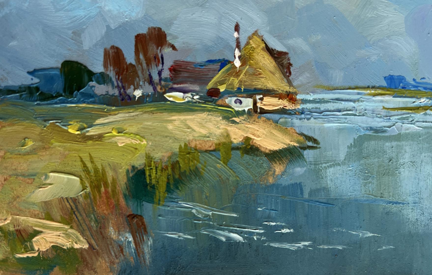 Oil painting of rustic thatched cottage by summer flood of river by Yuriy Suprunchuk