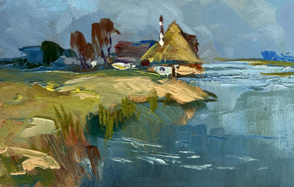 Oil painting of rustic thatched cottage by summer flood of river by Yuriy Suprunchuk