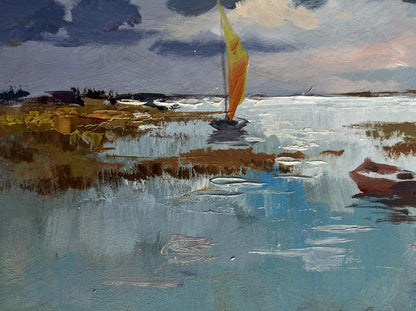 Oil painting of yellow sailboat on river by Yuriy Suprunchuk