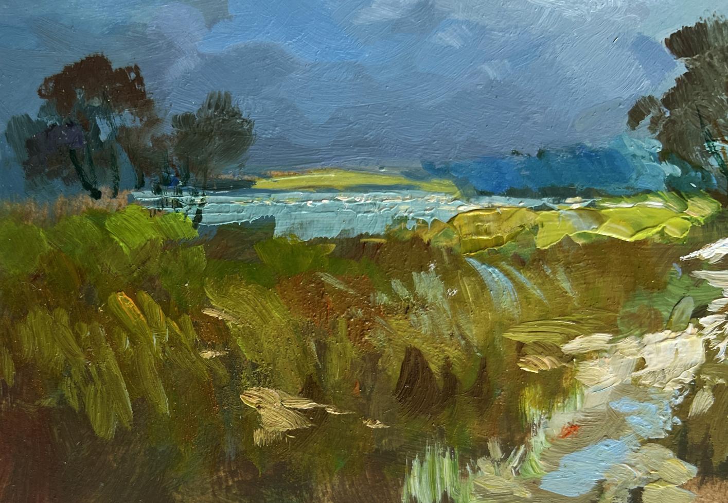 Oil painting In the flower field by Yuriy Suprunchuk, serene green fields