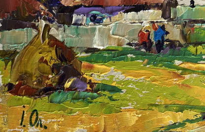 Oil painting by Oleksiy Ivanyuk: vibrant rocky landscape in bold green and yellow