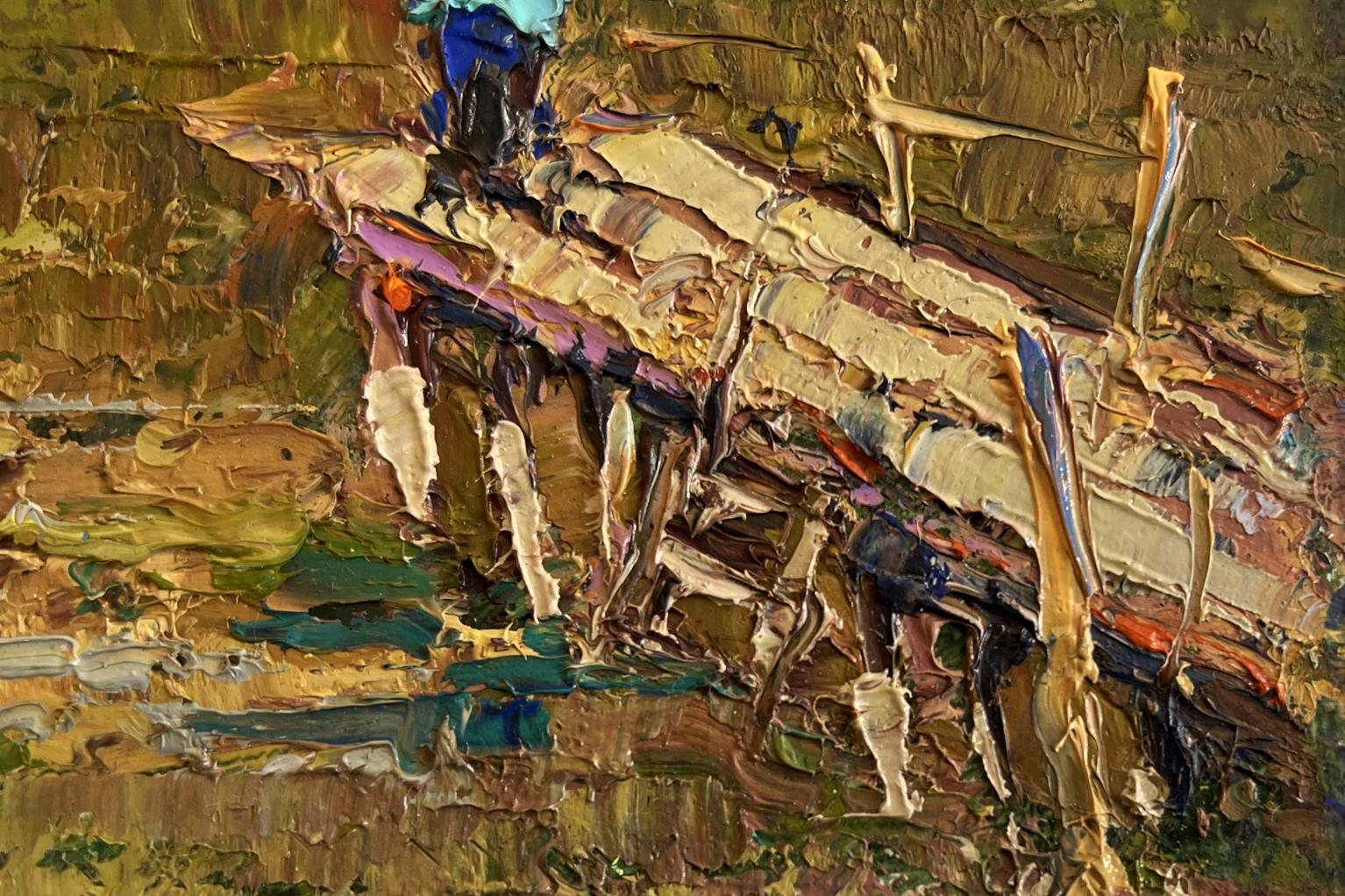 Impasto oil painting The Lonely Fisherman by Oksana Ivanyuk, rustic wooden structure