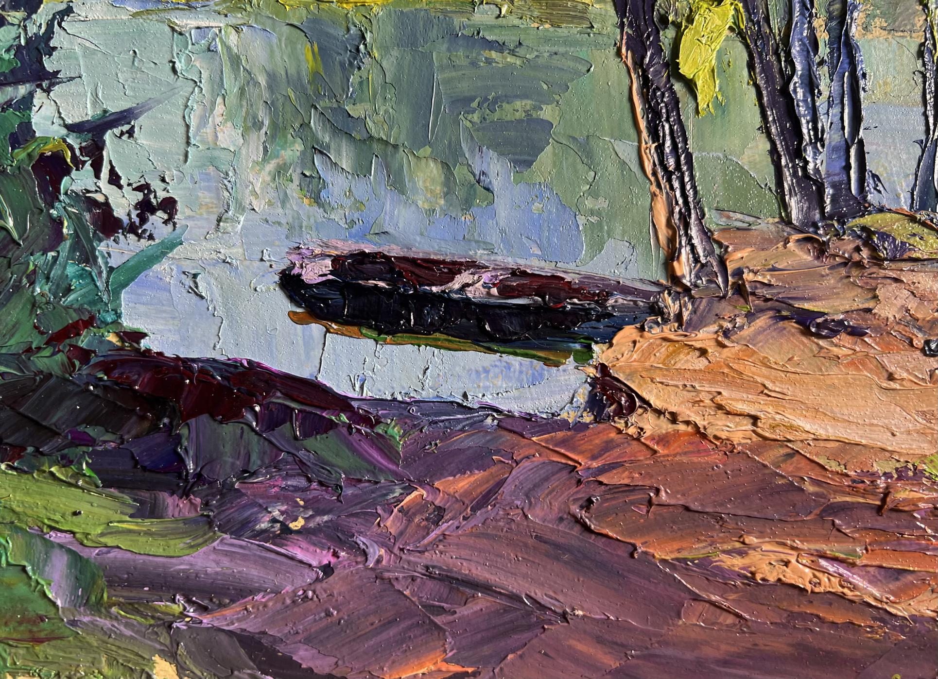 Oil painting of secluded nature spot with dark canoe by Boris Serdyuk