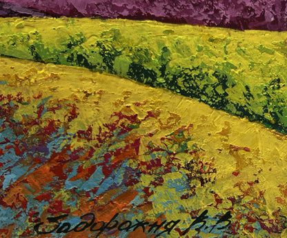 Vibrant oil painting Watching the sunset by V. Zadorozhnya with bold textured brushstrokes