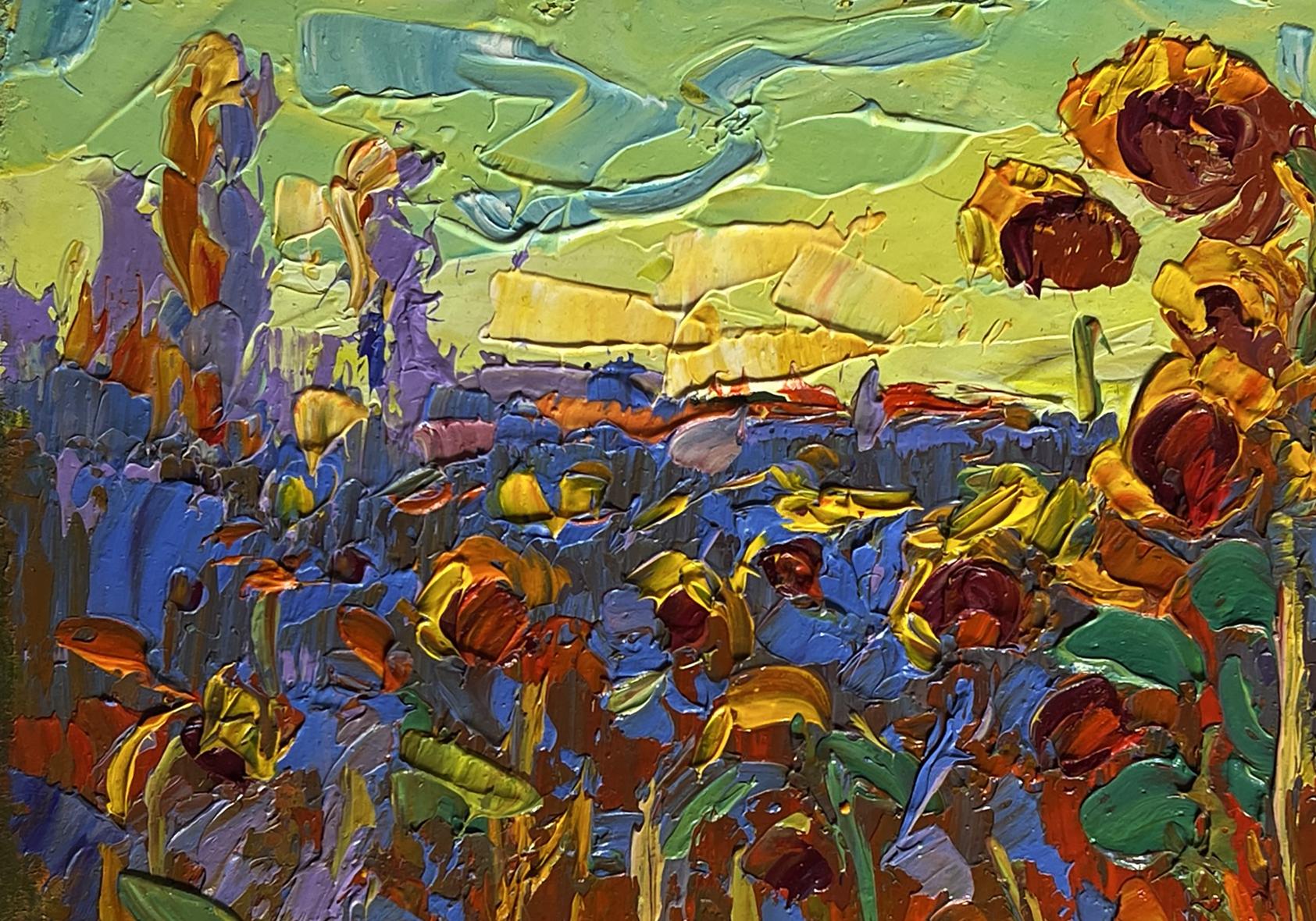 Vibrant impressionist oil painting of sunflowers at yellow sunset by Oleksiy Ivanyuk