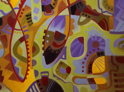 Vibrant Caribbean jazz oil painting by Sergiy Voichenko with bold geometric shapes
