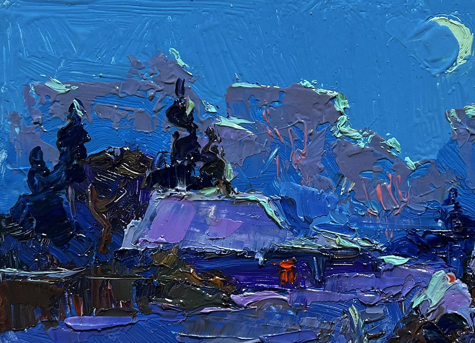Vibrant blue oil painting Moonlit winter night by Oksana Ivanyuk