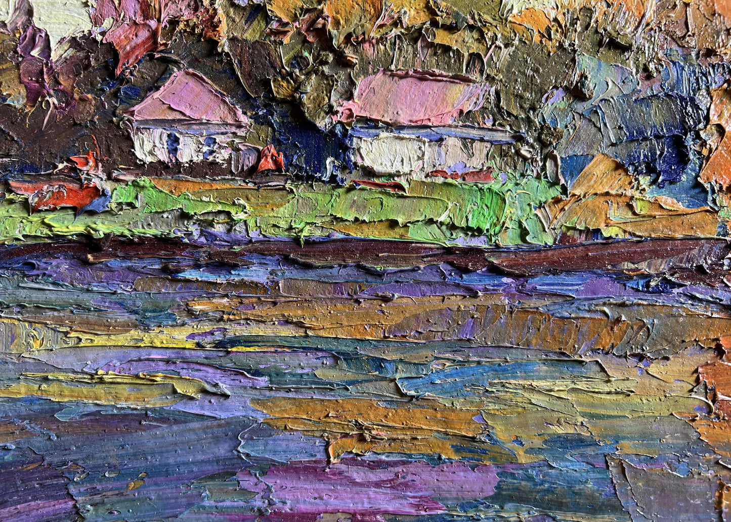 Oil painting by Boris Serdyuk: houses with pink roofs in green hills