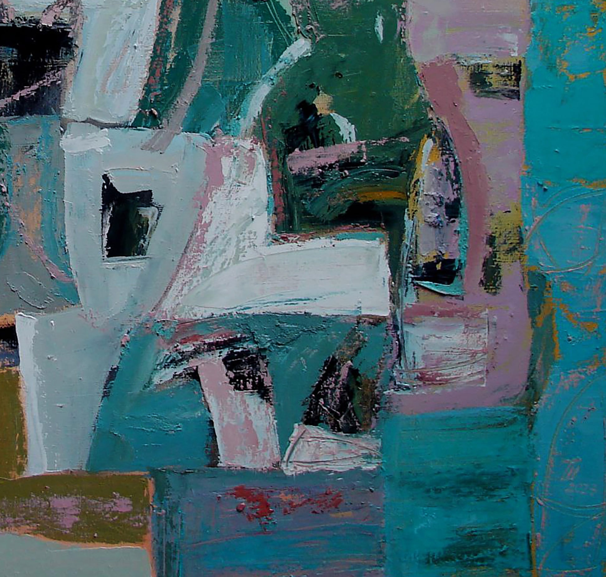 Oil painting Adriatic Cubism by Tatyana Shulyak in teal, pink, green