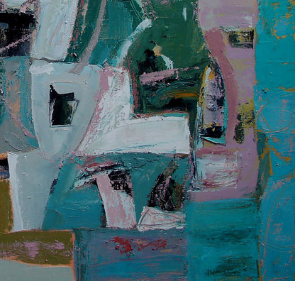 Oil painting Adriatic Cubism by Tatyana Shulyak in teal, pink, green