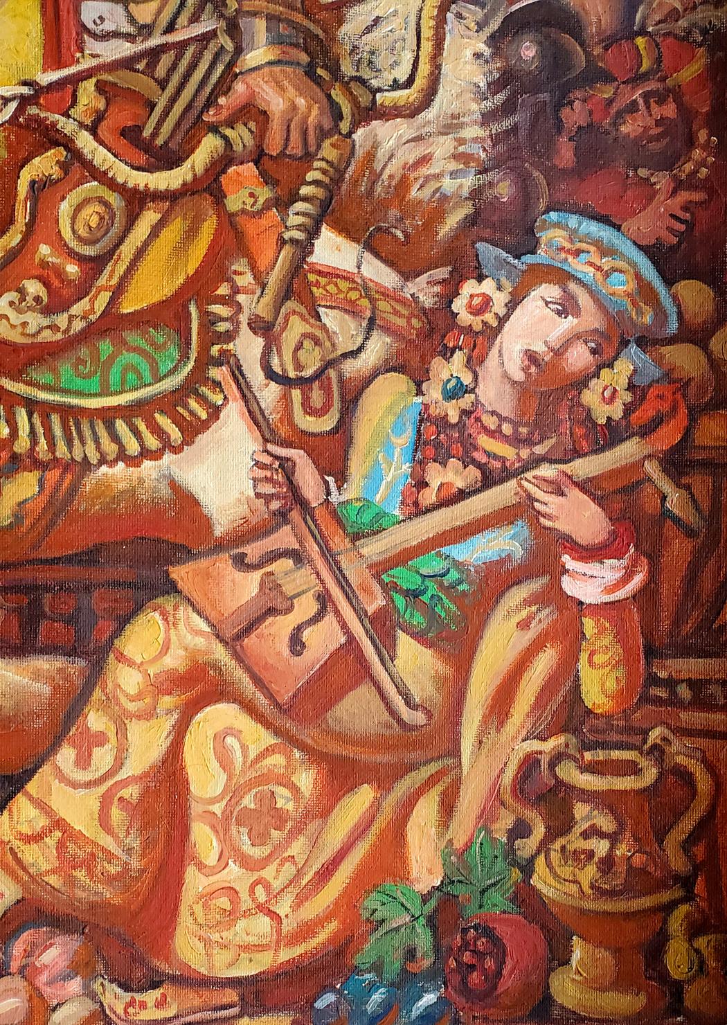 Oil painting portrait of woman playing stringed instrument by Daniil Litvinov