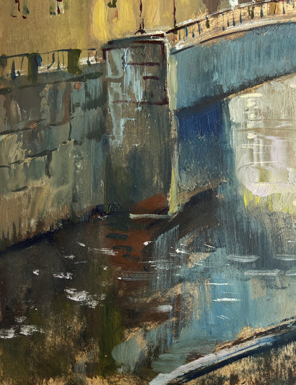 Oil painting of Yuriy Suprunchuk’s Heart of the City stone bridge over river