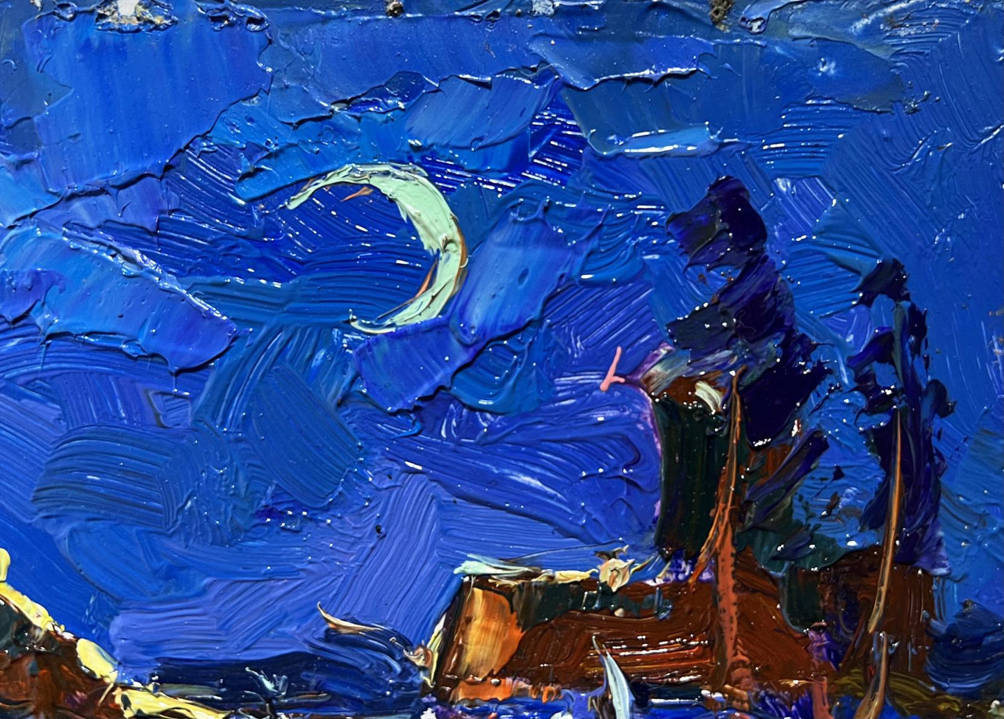 Oil painting Moonlit night by Oksana Ivanyuk: textured green crescent moon in blue swirls