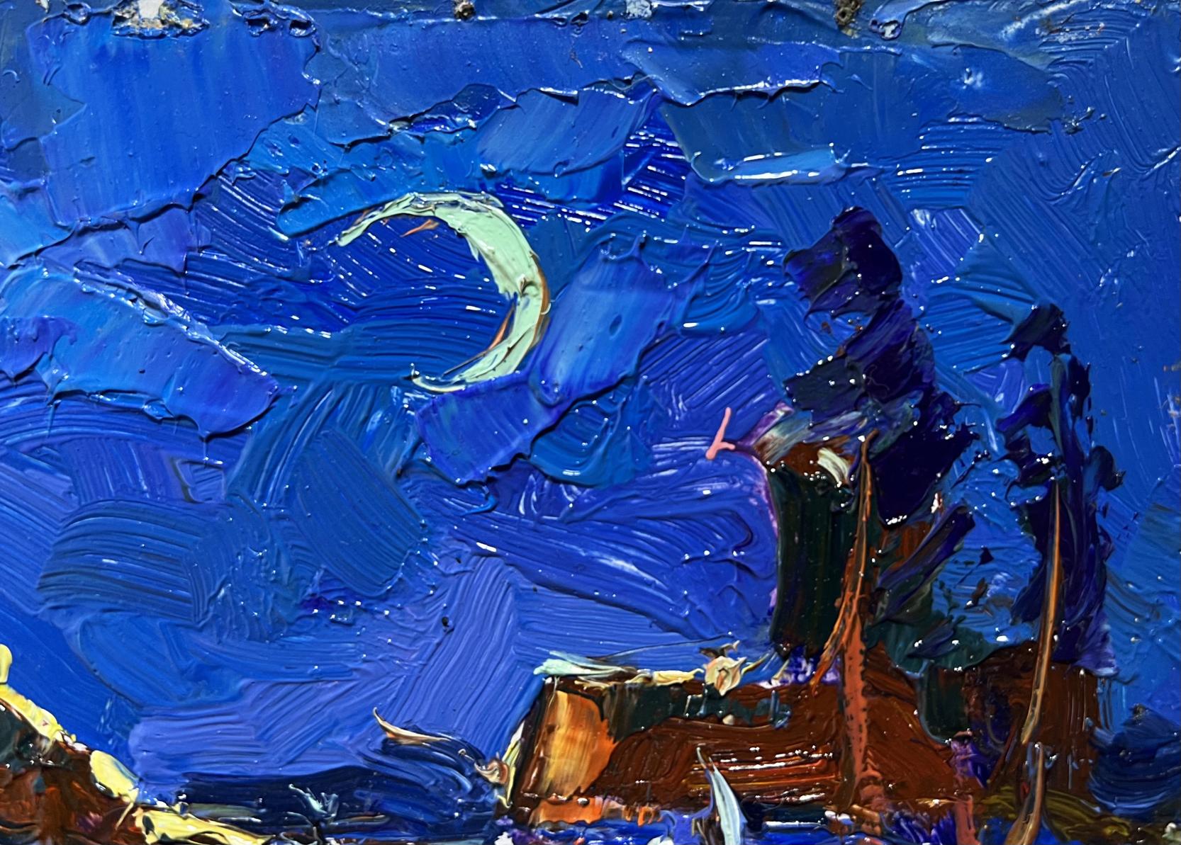 Oil painting Moonlit night by Oksana Ivanyuk: textured green crescent moon in blue swirls