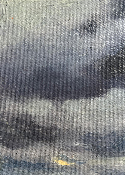 Oil painting of yellow sunset over city by Tatyana Derdey with swirling gray clouds