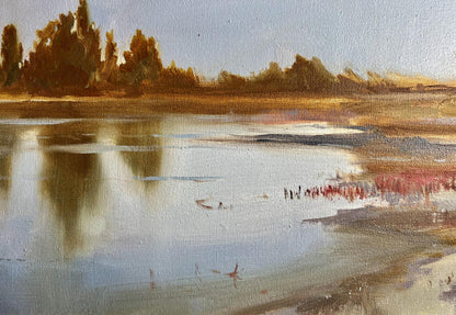 Oil painting Evening by the River by Tatyana Derdey serene lake scene