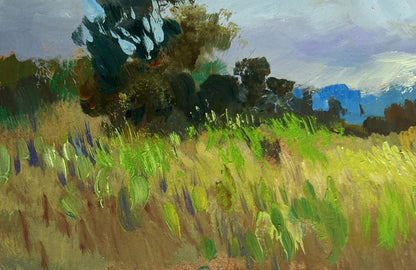 Vibrant impressionist oil painting of sunlit summer meadow by Yuriy Suprunchuk